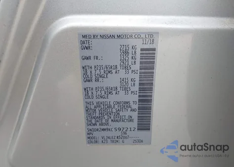 2019 Nissan Pathfinder Sv z USA, uszkodzony, nr VIN 5N1DR2MM9KC597212